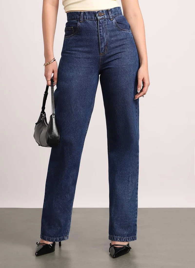 Urbano Fashion Women's Dark Blue High Rise Straight Fit Washed Jeans Non-Stretchable